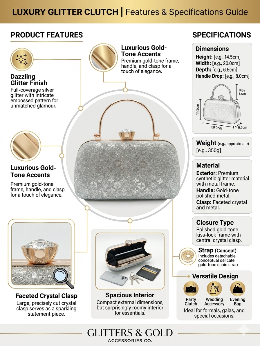 Luxury Glitter Clutch for Women | Gold-Tone Frame Evening Bag with Crystal Clasp & Chain Strap | Elegant Party, Wedding & Bridal Handbag