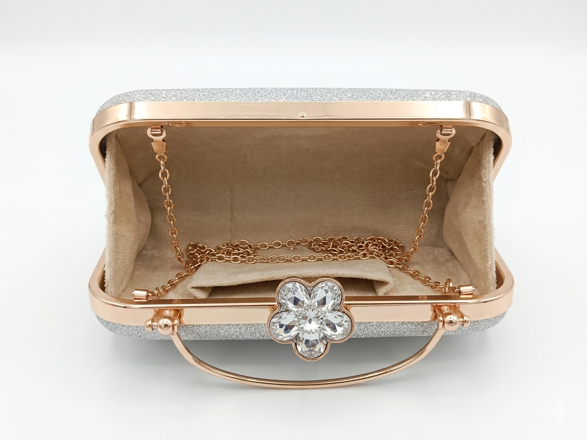 Luxury Glitter Clutch for Women | Gold-Tone Frame Evening Bag with Crystal Clasp & Chain Strap | Elegant Party, Wedding & Bridal Handbag