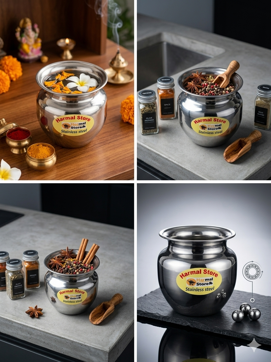 Harmal Store Stainless Steel Multi-Purpose Pot 1.2L | 304 Grade Steel Kalash / Storage Containe