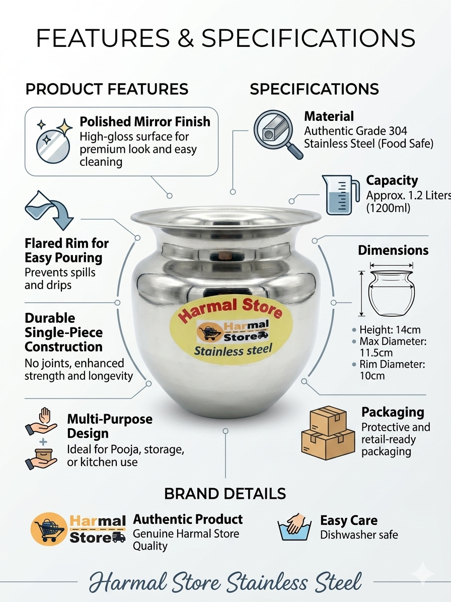 Harmal Store Stainless Steel Multi-Purpose Pot 1.2L | 304 Grade Steel Kalash / Storage Containe