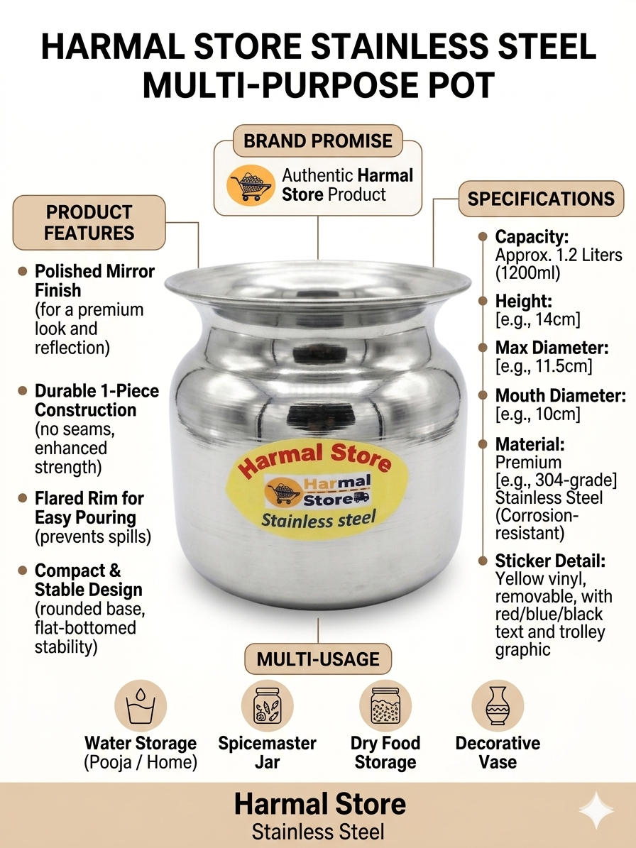 Harmal Store Stainless Steel Multi-Purpose Pot (1200ml) | Premium 304 Grade Steel Storage Container