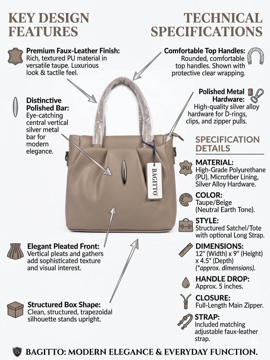 BAGITTO Women's Structured Satchel Tote Bag, Premium Faux Leather Handbag with Adjustable Strap, Taupe Beige