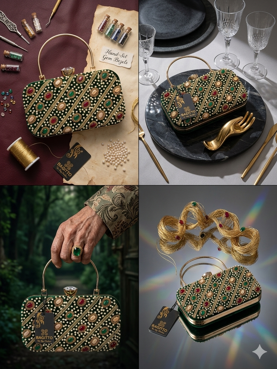 BAGITTO Women's Luxury Velvet Clutch Bag with Gold Handle, Pearl Bead Embroidery, Gemstone Detailing, Green Evening Purse