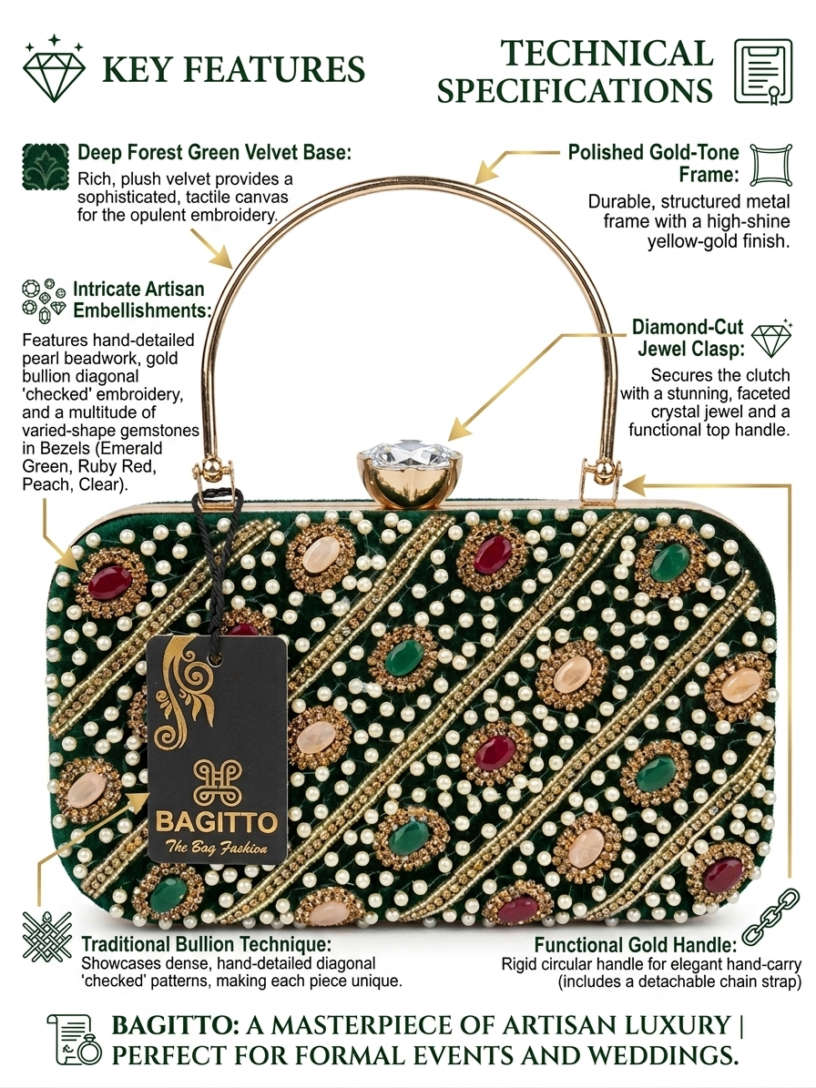 BAGITTO Women's Luxury Velvet Clutch Bag with Gold Handle, Pearl Bead Embroidery, Gemstone Detailing, Green Evening Purse
