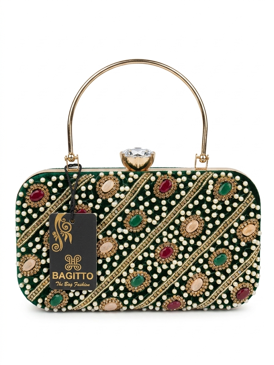 BAGITTO Women's Luxury Velvet Clutch Bag with Gold Handle, Pearl Bead Embroidery, Gemstone Detailing, Green Evening Purse