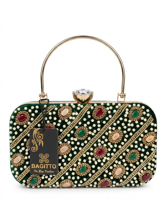 BAGITTO Women's Luxury Velvet Clutch Bag with Gold Handle, Pearl Bead Embroidery, Gemstone Detailing, Green Evening Purse