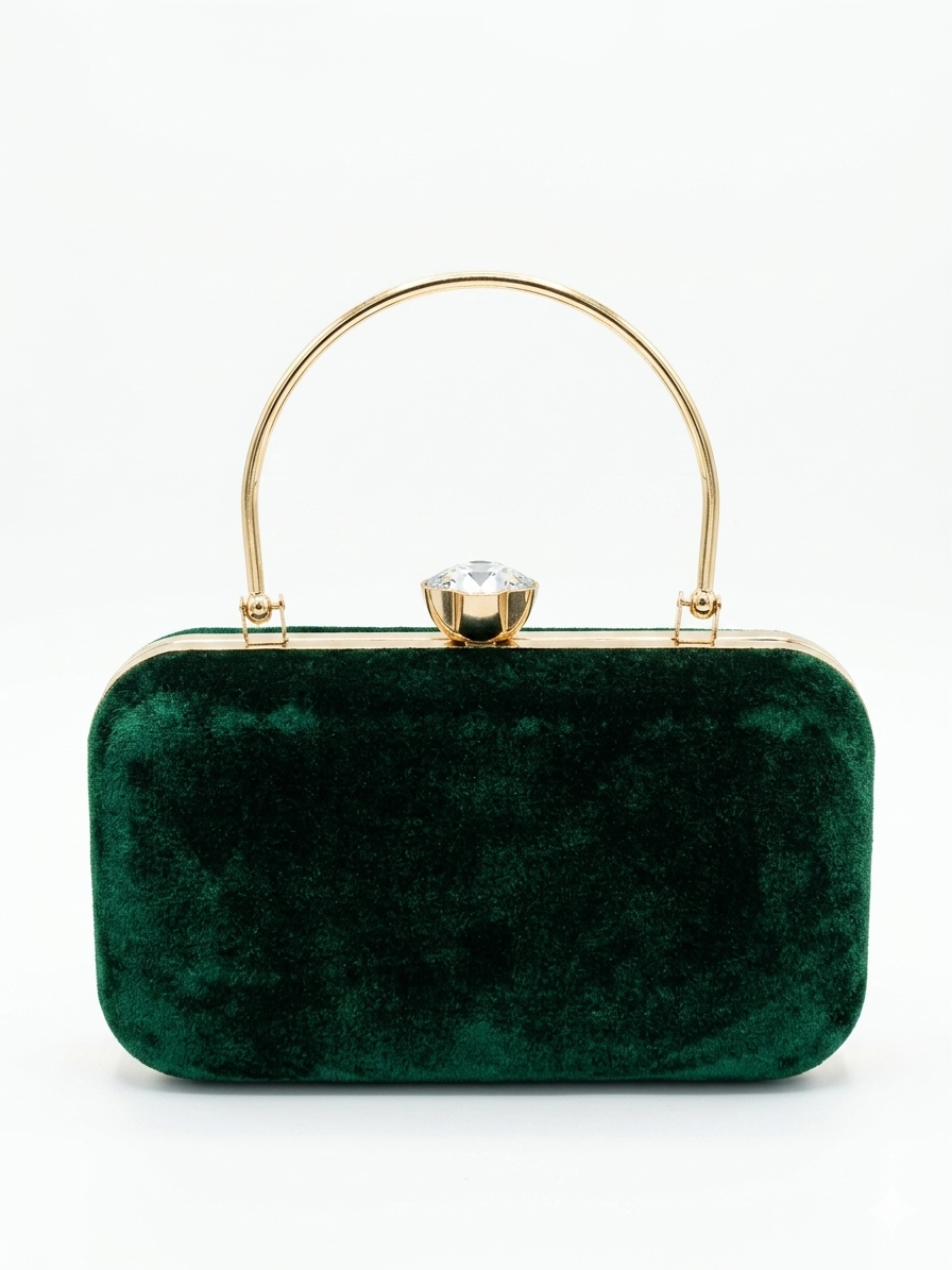 BAGITTO Women's Luxury Velvet Clutch Bag with Gold Handle, Pearl Bead Embroidery, Gemstone Detailing, Green Evening Purse