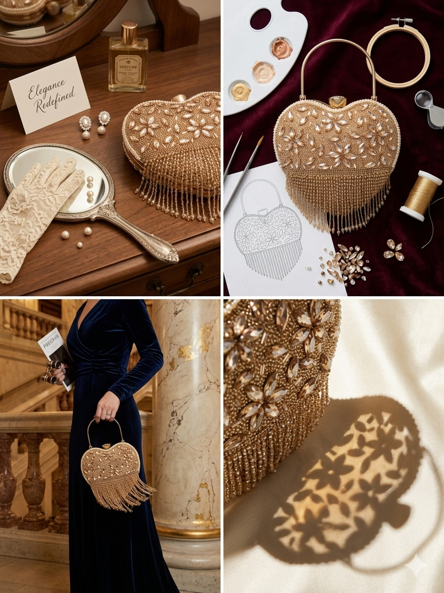 Women's Luxury Heart-Shaped Evening Clutch Bag with Crystal Embellishments, Gold Handle, Fringe Detail, Wedding Party Purse
