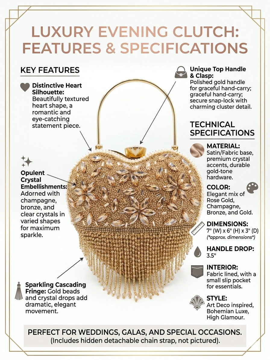 Women's Luxury Heart-Shaped Evening Clutch Bag with Crystal Embellishments, Gold Handle, Fringe Detail, Wedding Party Purse