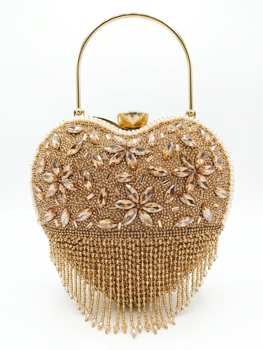 Women's Luxury Heart-Shaped Evening Clutch Bag with Crystal Embellishments, Gold Handle, Fringe Detail, Wedding Party Purse