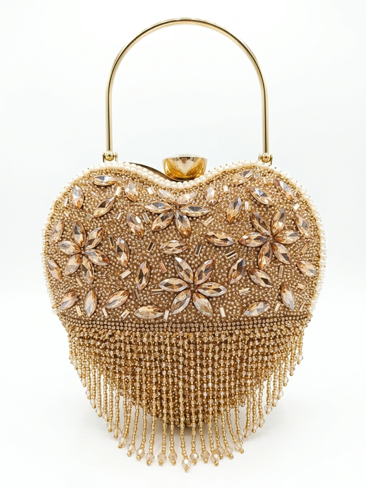 Women's Luxury Heart-Shaped Evening Clutch Bag with Crystal Embellishments, Gold Handle, Fringe Detail, Wedding Party Purse