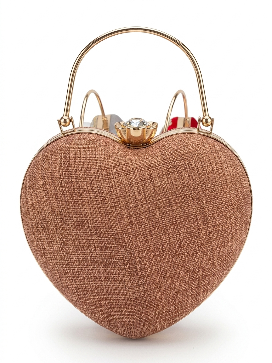 Women's Luxury Heart-Shaped Evening Clutch Bag with Crystal Embellishments, Gold Handle, Fringe Detail, Wedding Party Purse