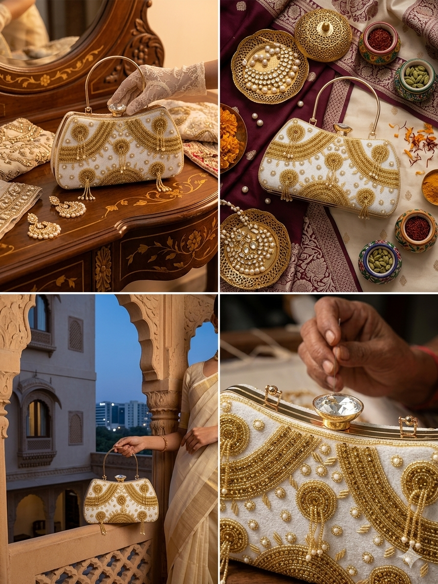 महिलाओं के लिए सफेद और सुनहरा मोतियों वाला शाम का क्लच बैग, जिसमें मोती की सजावट, क्रिस्टल क्लैस्प, टैसल विवरण, शादी की पार्टी का पर्स।