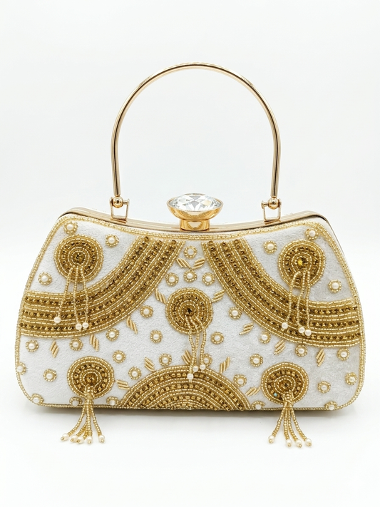 Women's White and Gold Beaded Evening Clutch Bag with Pearl Accents, Crystal Clasp, Tassel Detail, Wedding Party Purse