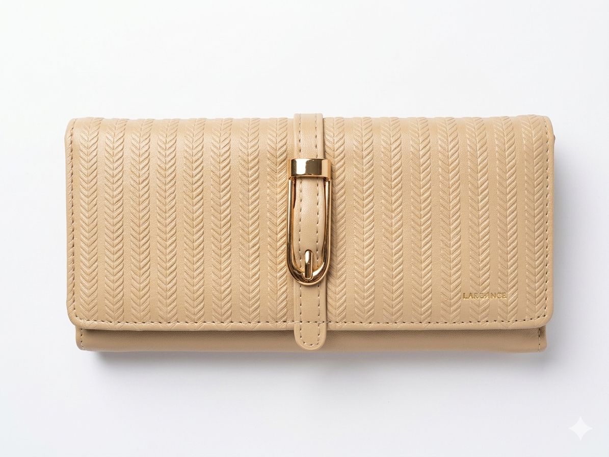 Women's Beige Quilted Wallet with Gold Buckle Closure, Faux Leather Long Clutch Purse with Wrist Strap