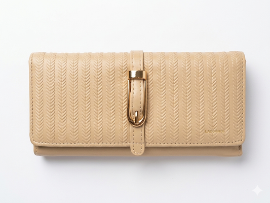 Women's Beige Quilted Wallet with Gold Buckle Closure, Faux Leather Long Clutch Purse with Wrist Strap