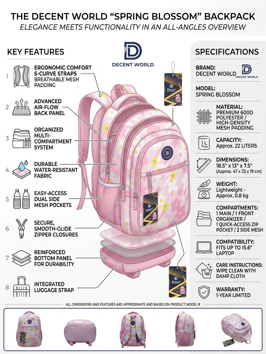 Girls Floral School Backpack, Pink Multi-Compartment Laptop Backpack with Water Resistant Fabric, Lightweight Travel Backpack with Side Mesh Pockets, Fits Up to 15.6 Inch Laptop