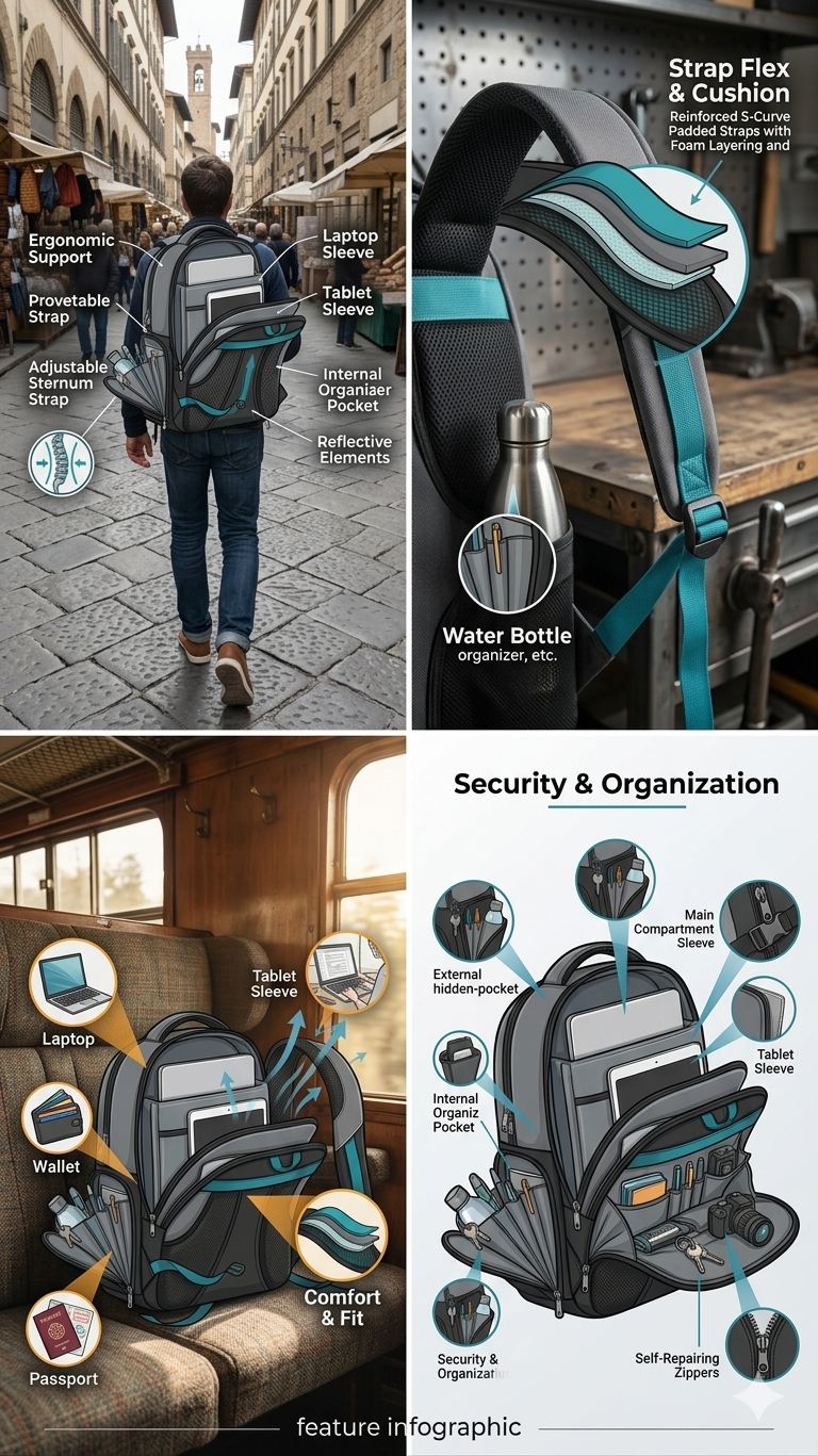 rgonomic Laptop Backpack for Men and Women, Water Resistant Travel Backpack with Padded Straps, Breathable Mesh Back Panel, Organizer Compartments and Fits Up to 15.6 Inch Laptop