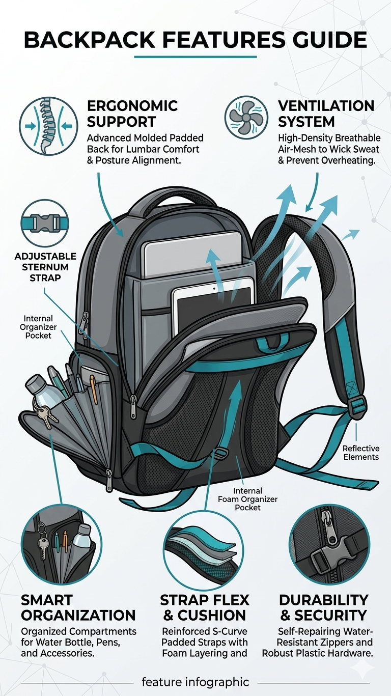 rgonomic Laptop Backpack for Men and Women, Water Resistant Travel Backpack with Padded Straps, Breathable Mesh Back Panel, Organizer Compartments and Fits Up to 15.6 Inch Laptop