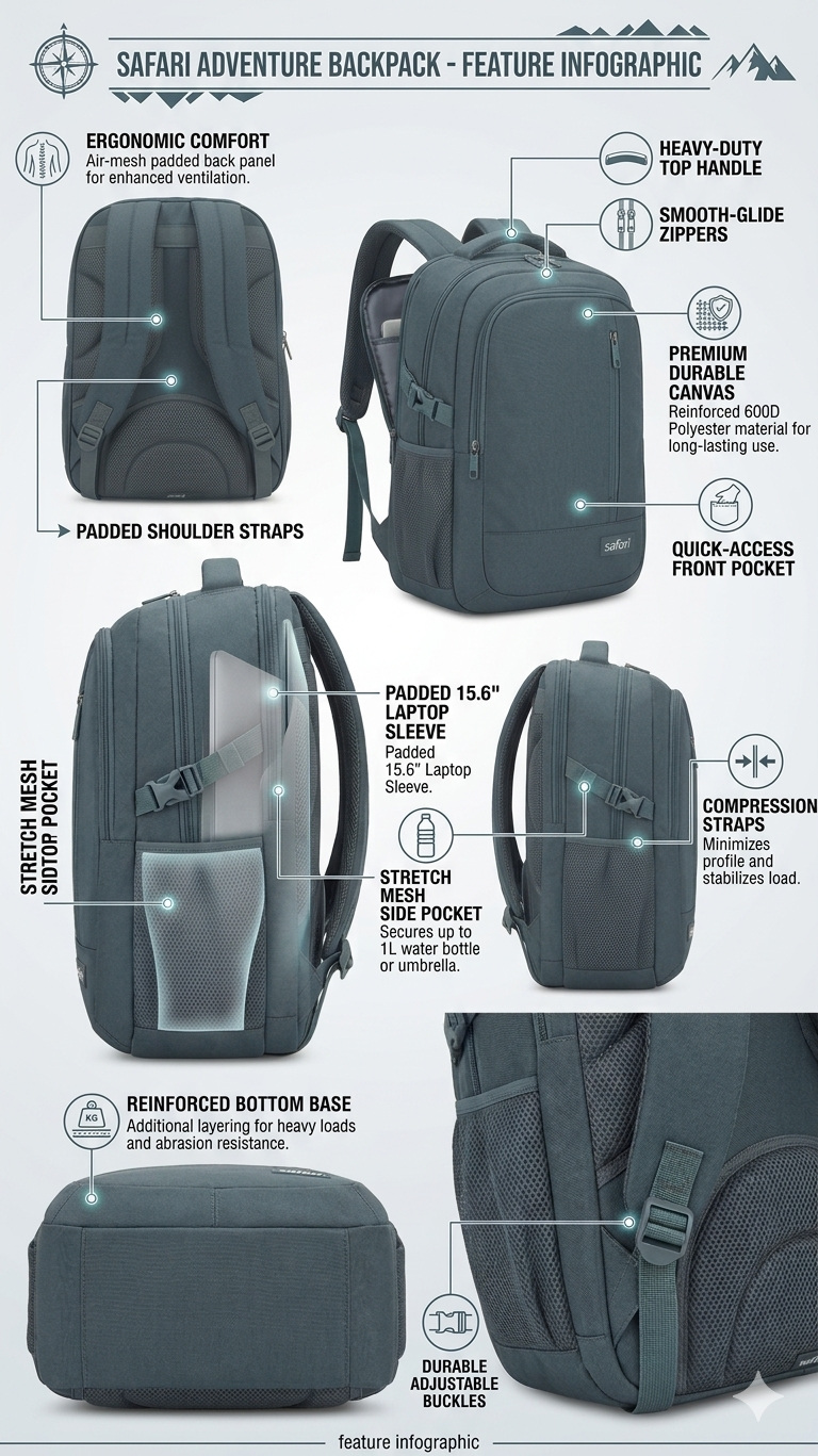 Travel Laptop Backpack for Men and Women, Water Resistant School and Business Backpack with 15.6 Inch Laptop Sleeve, Multi-Compartment Daypack with Side Mesh Pocket and Compression Straps