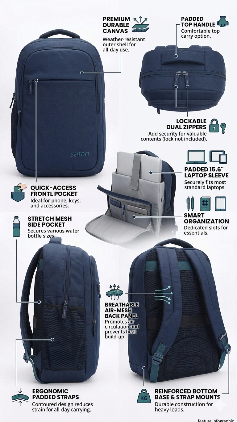 Navy Blue Laptop Backpack for Men and Women, Water Resistant Business Travel Backpack with 15.6 Inch Laptop Sleeve