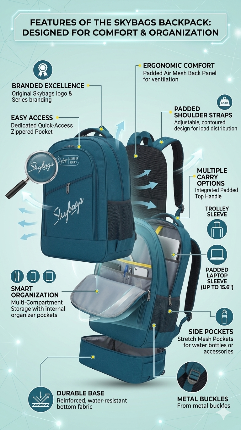 Blue Laptop Backpack for Men and Women, Multi-Compartment Travel Backpack with 15.6 Inch Laptop Sleeve, Water Resistant School and Office Bag with Side Mesh Pockets and Trolley Sleeve