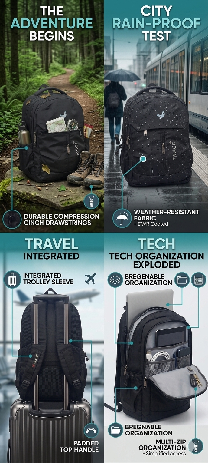 lack Urban Commuter Backpack for Men and Women, Water Resistant Laptop Backpack with Multi-Compartment Storage