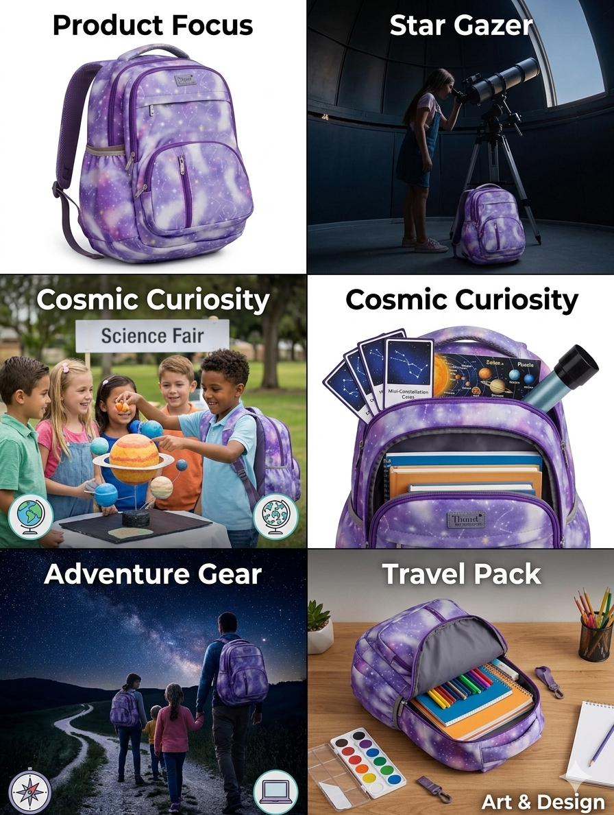 Purple Galaxy Backpack for Girls and Teens, Multi-Compartment School Backpack with Laptop Pocket
