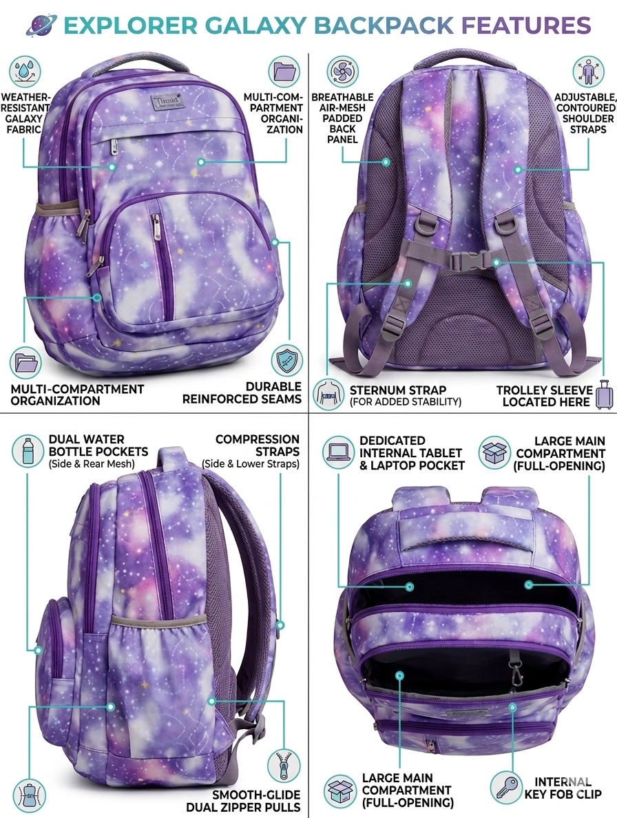 Purple Galaxy Backpack for Girls and Teens, Multi-Compartment School Backpack with Laptop Pocket