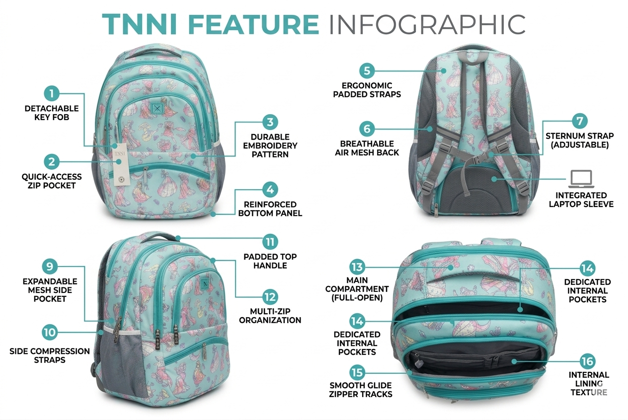 TNNI Printed School Backpack for Girls, Aqua Blue Laptop Backpack with Multi Compartments, Air Mesh Back