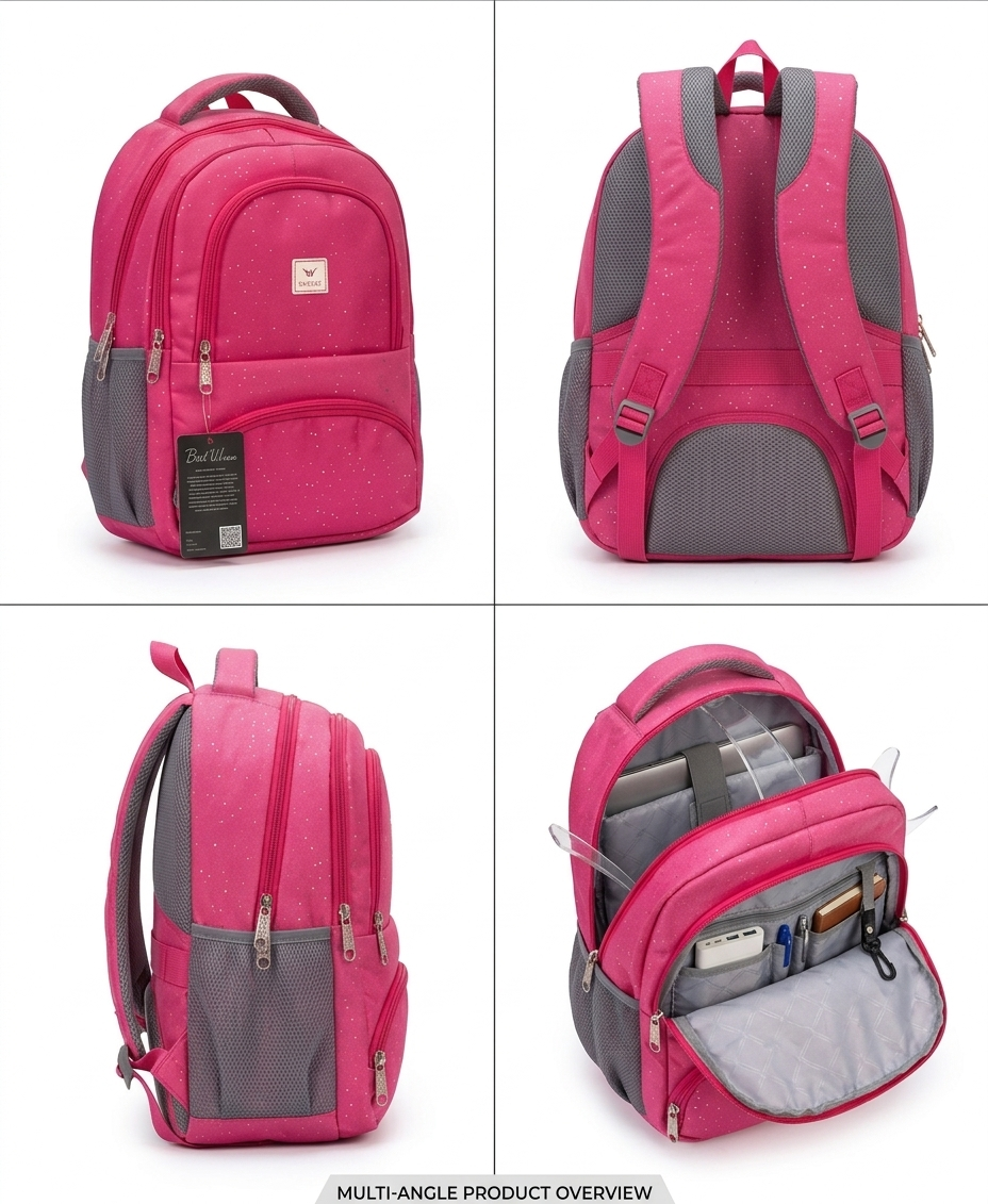 RACE Sparkle Pack School Backpack for Girls, Glitter Pink Laptop Bag with Air Mesh Back Panel