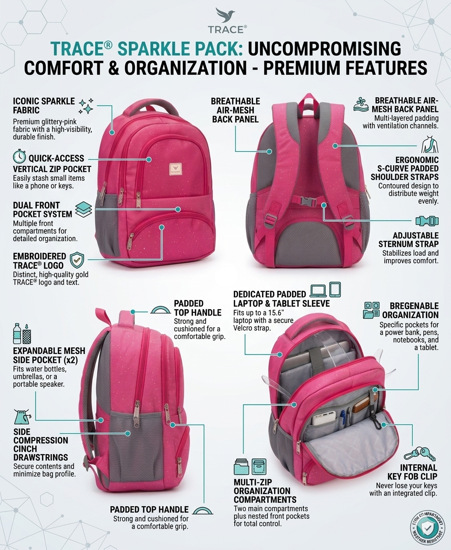 RACE Sparkle Pack School Backpack for Girls, Glitter Pink Laptop Bag with Air Mesh Back Panel