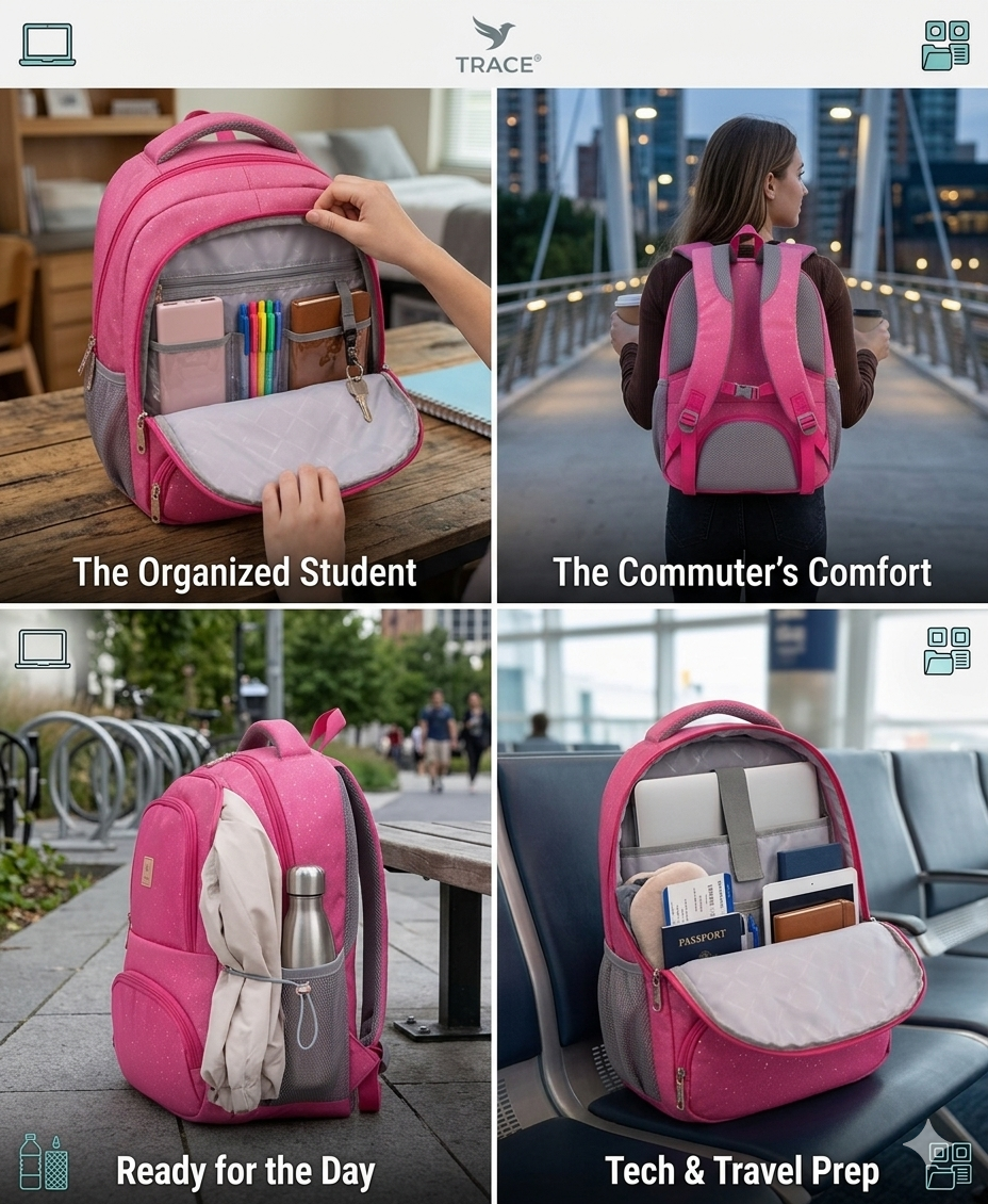 RACE Sparkle Pack School Backpack for Girls, Glitter Pink Laptop Bag with Air Mesh Back Panel