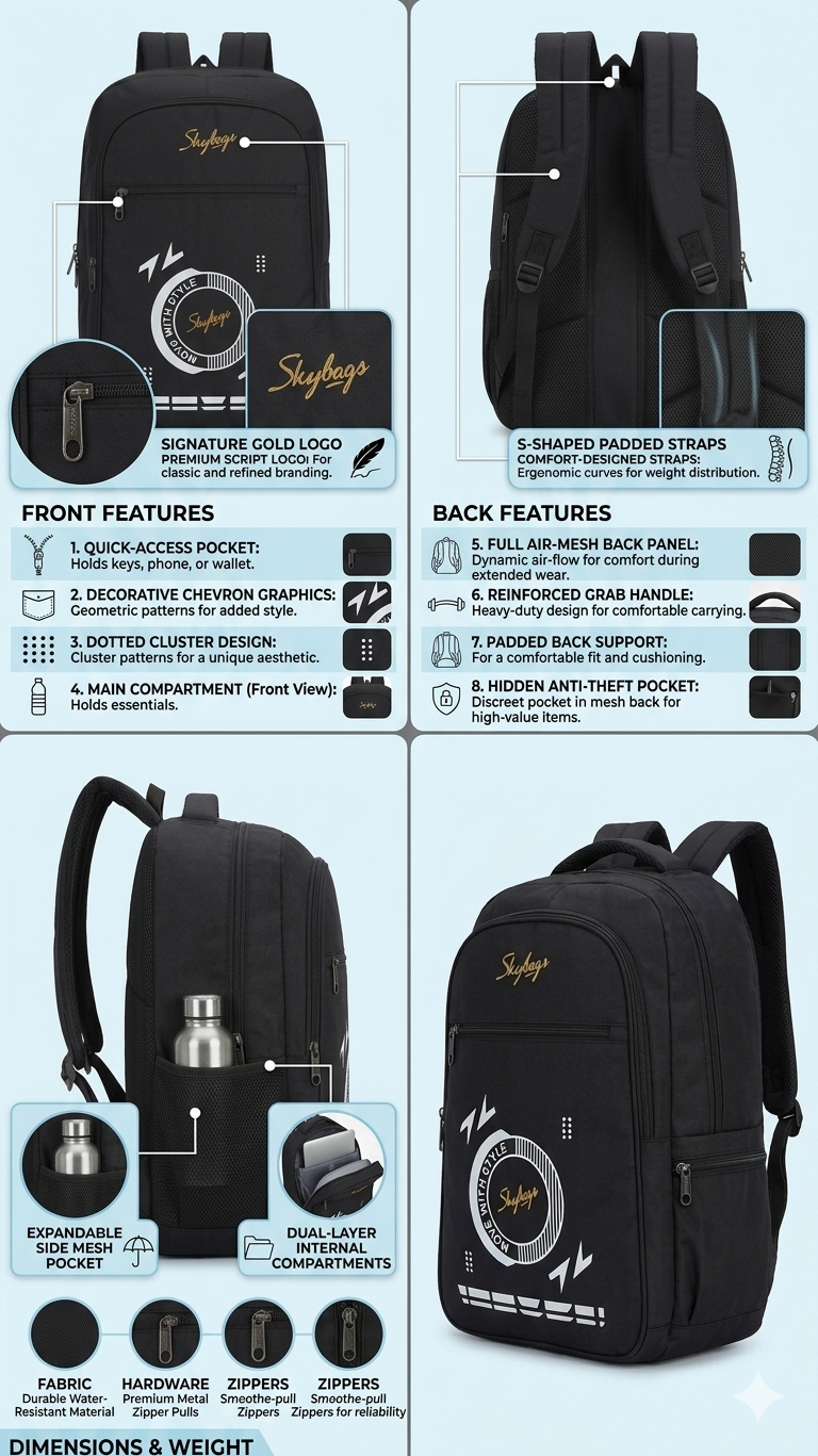 Skybags Black Laptop Backpack for Men & Women, Water Resistant School and College Bag with Air Mesh Back
