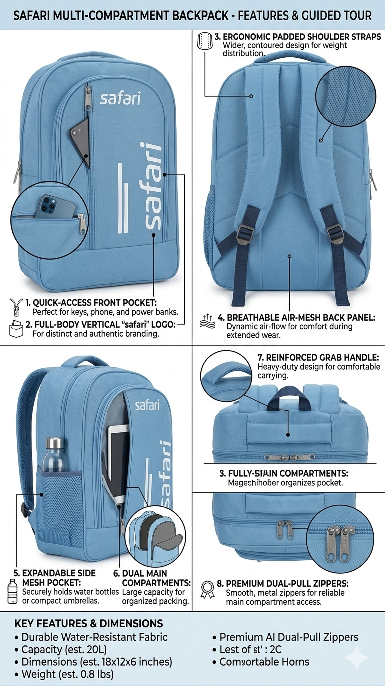 Safari Blue School Backpack for Boys & Girls, Water Resistant Laptop Bag with Multi Compartments,
