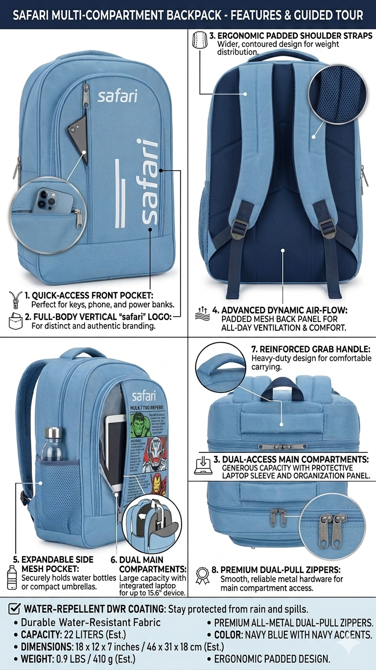 Safari Blue School Backpack for Boys & Girls, Water Resistant Laptop Bag with Multi Compartments,