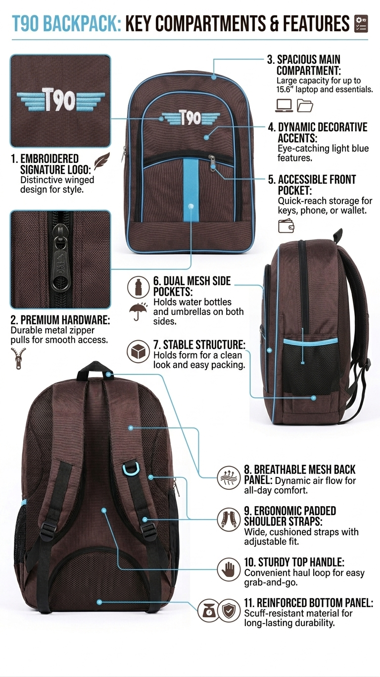 T90 Brown School Backpack for Boys & Girls, Laptop Bag with Multi Compartments