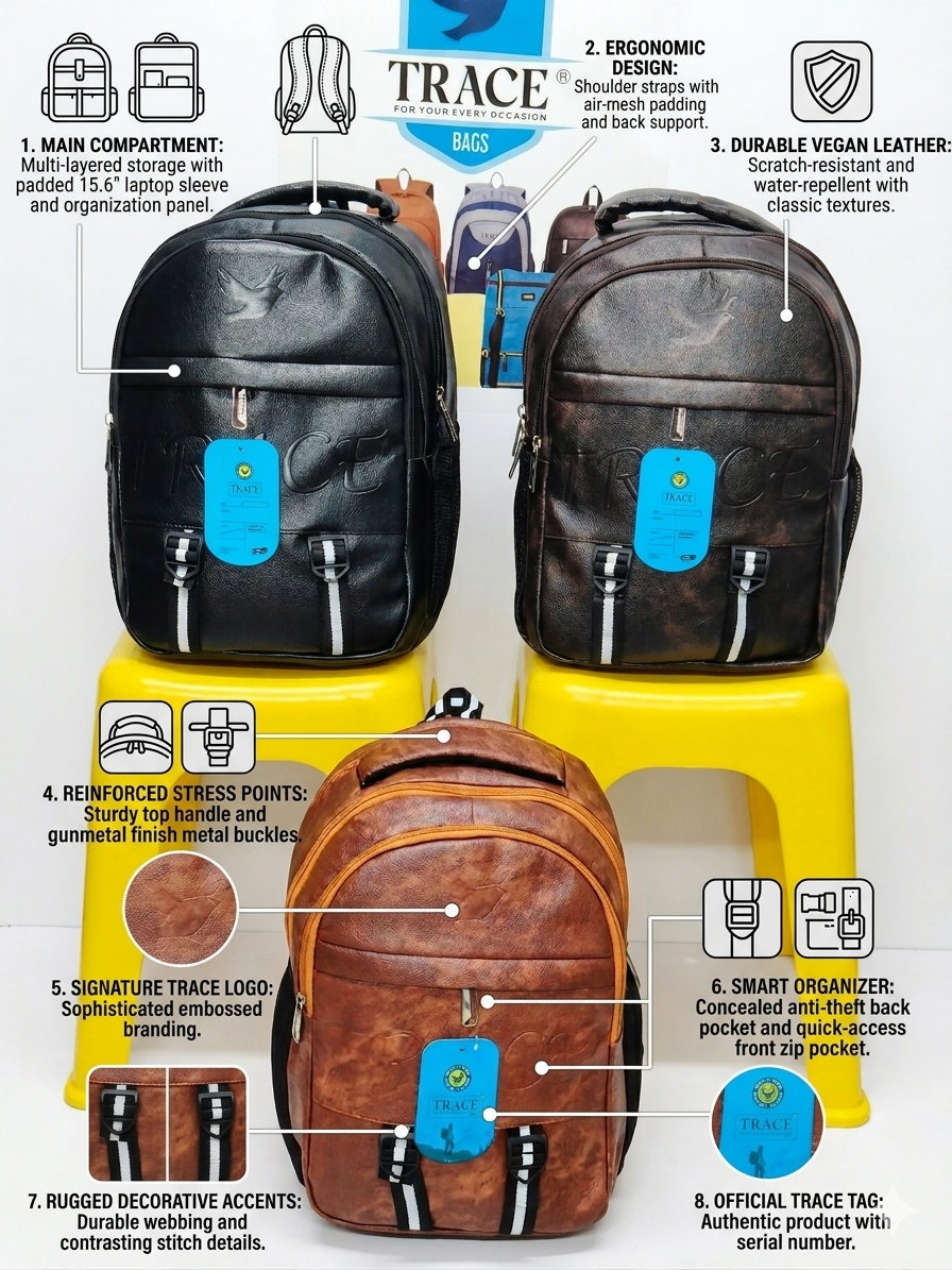 TRACE Vegan Leather Laptop Backpack for Men & Women, Water Resistant College Bag with 15.6 Inch Laptop Sleeve, Anti-Theft Pocket & Multi Compartments