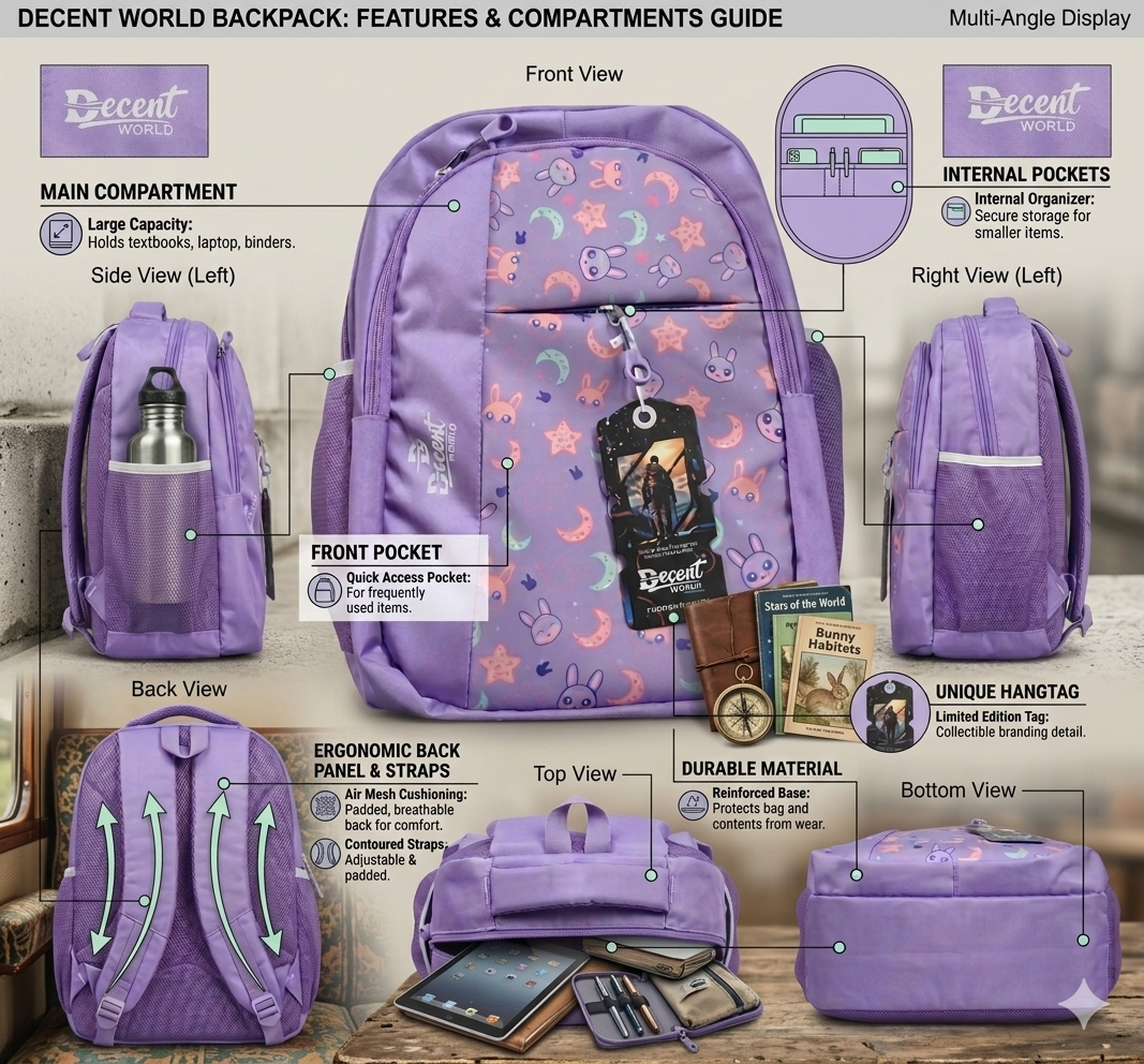 Decent World Purple School Backpack for Girls, Cute Printed Kids Bag with Organizer Pocket, Bottle Holder