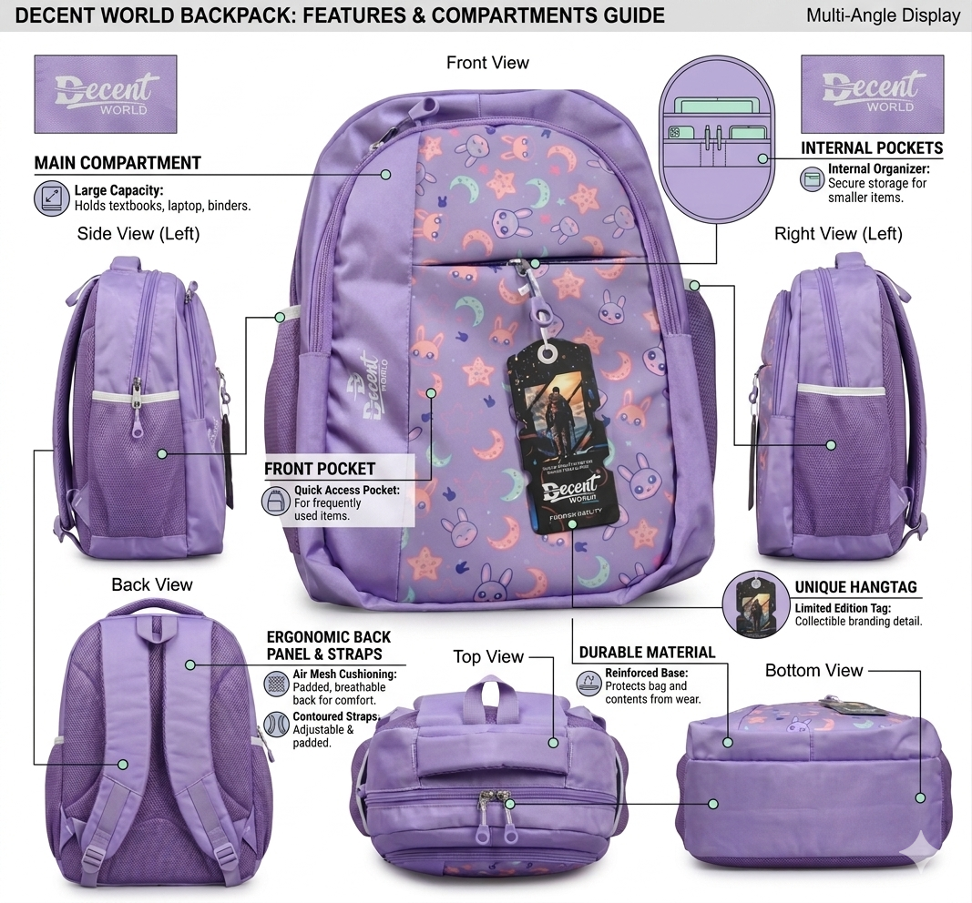 Decent World Purple School Backpack for Girls, Cute Printed Kids Bag with Organizer Pocket, Bottle Holder