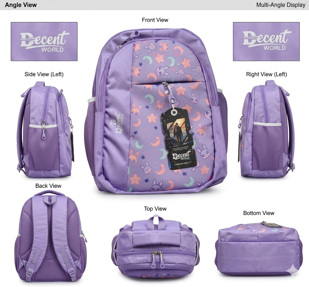 Decent World Purple School Backpack for Girls, Cute Printed Kids Bag with Organizer Pocket, Bottle Holder
