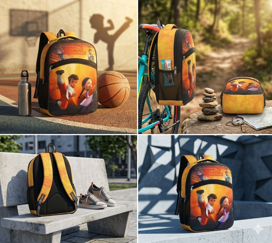 EATTE BOX Singham Kids School Backpack for Boys, Cartoon Printed School Bag with Bottle Pocket, Organizer Pocket, Adjustable Straps & Padded Back Panel