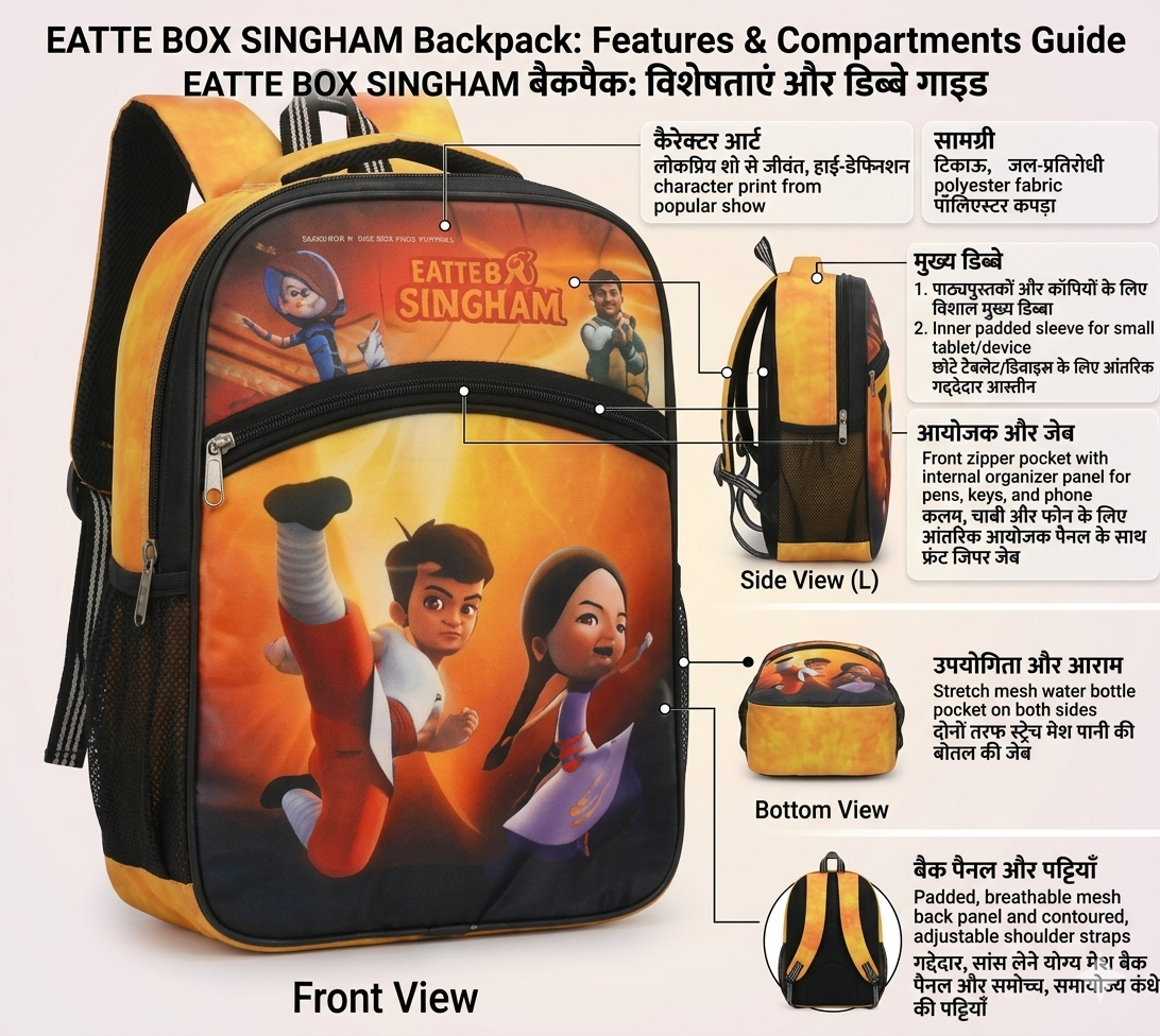 EATTE BOX Singham Kids School Backpack for Boys, Cartoon Printed School Bag with Bottle Pocket, Organizer Pocket, Adjustable Straps & Padded Back Panel