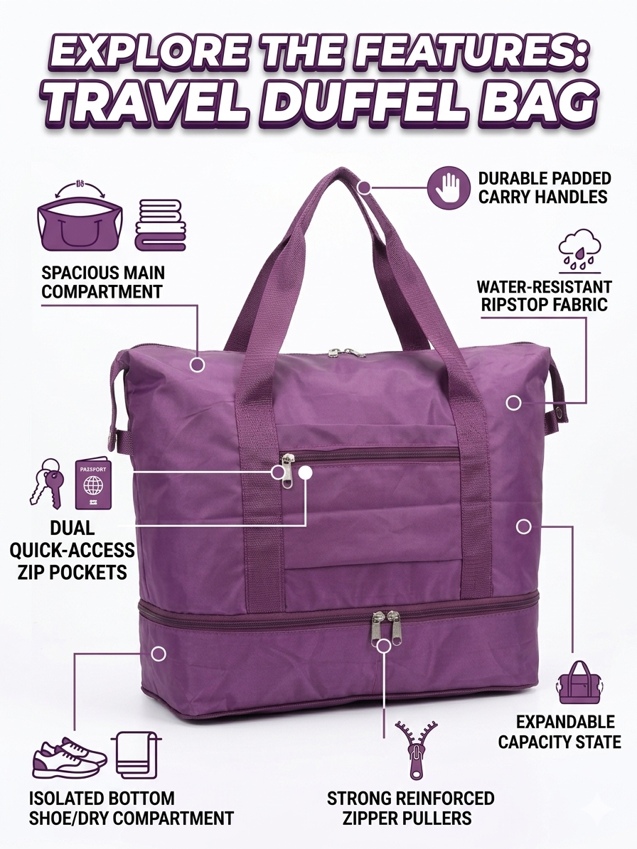 Travel Duffel Bag for Women, Foldable Weekender Bag with Shoe Compartment, Expandable Carry On Tote, Water Resistant Overnight Bag for Gym, Travel, Hospital, Purple