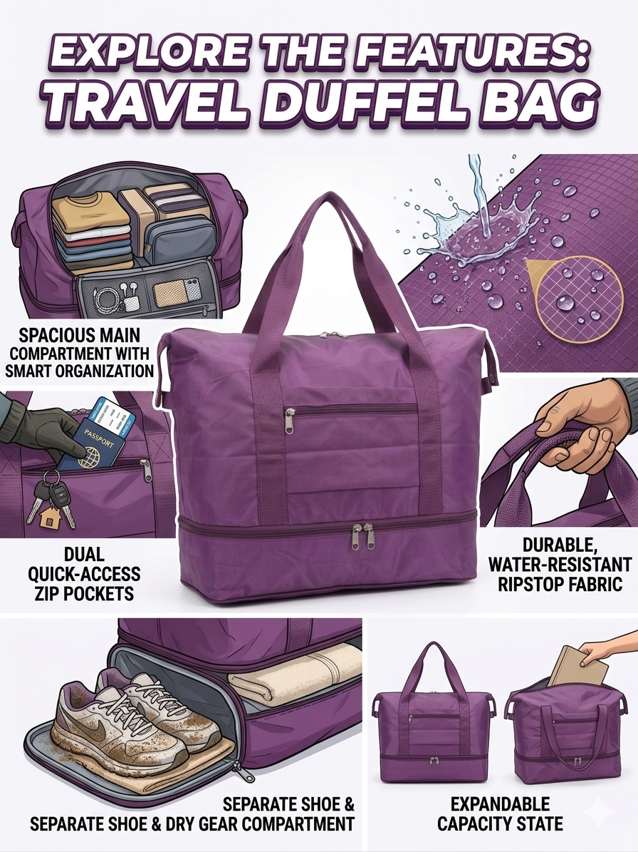 Travel Duffel Bag for Women, Foldable Weekender Bag with Shoe Compartment, Expandable Carry On Tote, Water Resistant Overnight Bag for Gym, Travel, Hospital, Purple