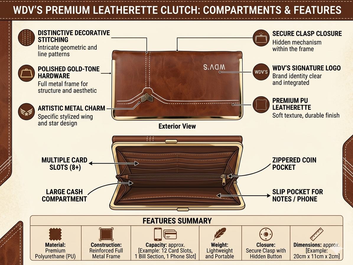 WDV'S Premium PU Leatherette Clutch Wallet for Women, Large Capacity Purse with Card Slots, Coin Pocket, Cash Compartment, Phone Pocket and Secure Clasp Closure, Brown
