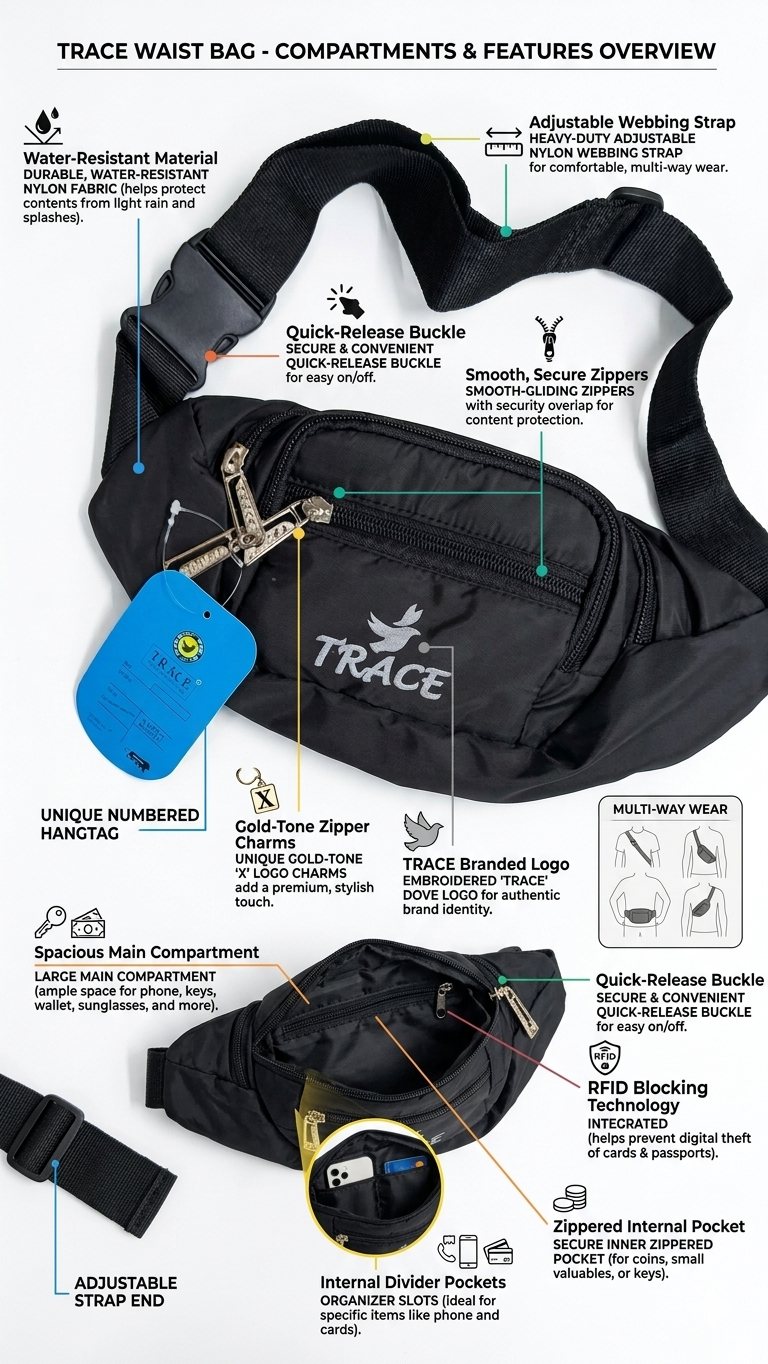 TRACE Waist Bag for Men and Women, Water Resistant Fanny Pack with RFID Blocking Pocket, Adjustable Strap, Multiple Compartments, Internal Organizer and Secure Zipper Pockets, Black