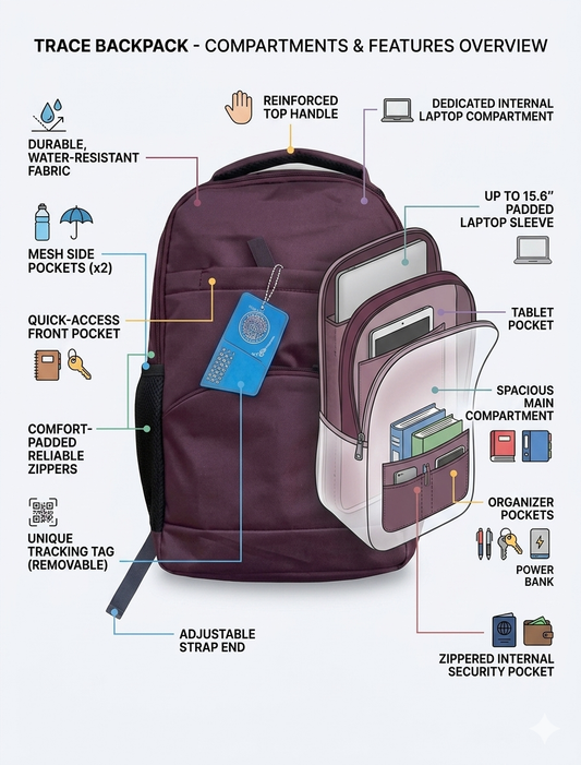 TRACE Laptop Backpack for Men and Women, Water Resistant Backpack with 15.6 Inch Laptop Sleeve, Tablet Pocket