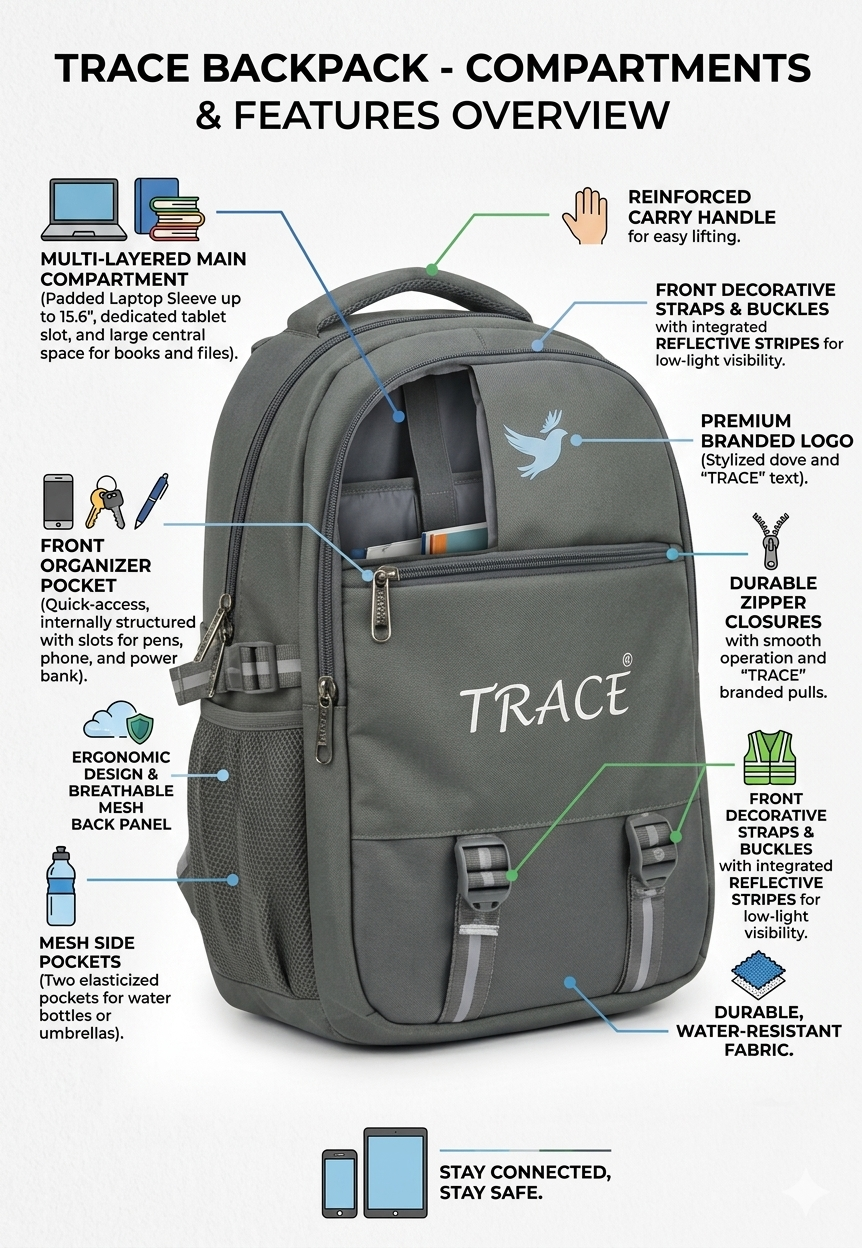 TRACE Laptop Backpack for Men and Women, Water Resistant School and Office Bag with 15.6 Inch Laptop Compartment