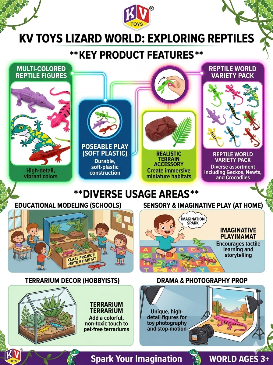 KV Toys Lizard World Reptile Figure Set for Kids, Soft Plastic Gecko, Newt and Crocodile Animal Toys with Terrain Accessories
